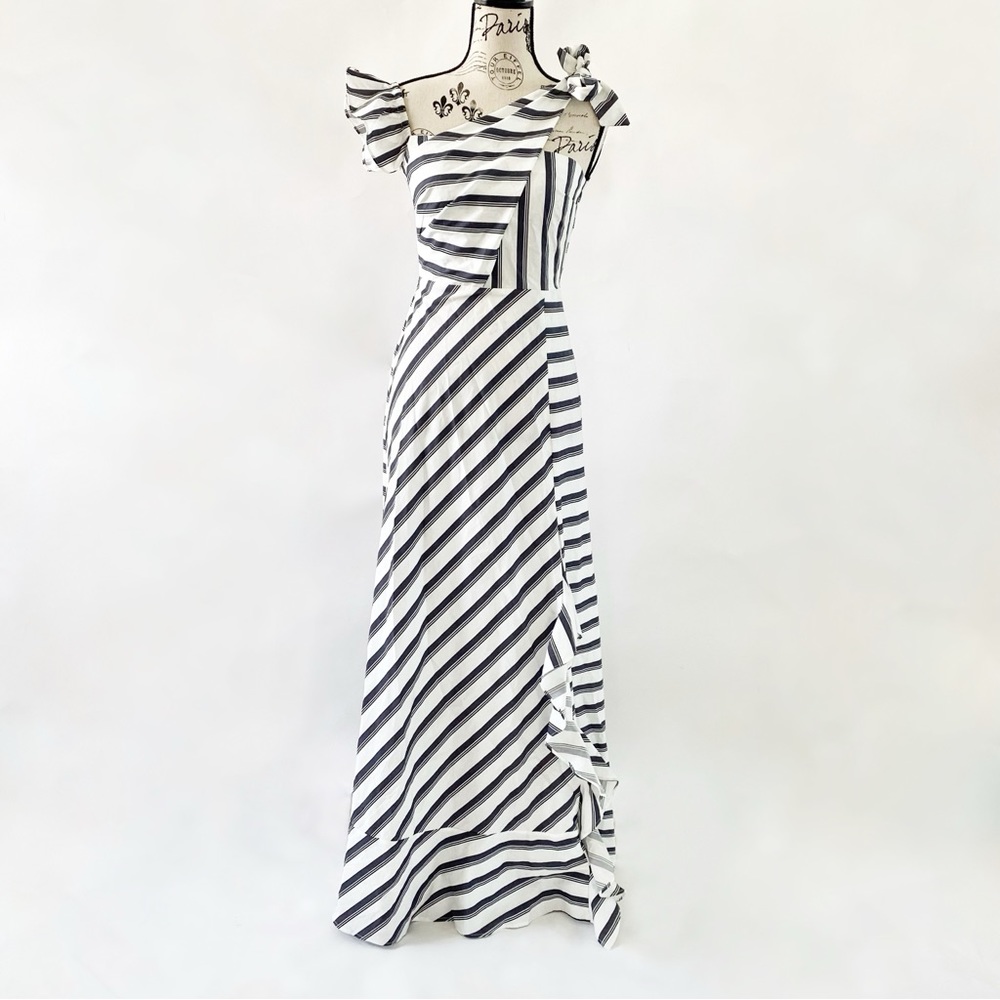 NWT One Shoulder Tie Design Striped Ruffle Leg Slit Maxi Dress Black and White 2